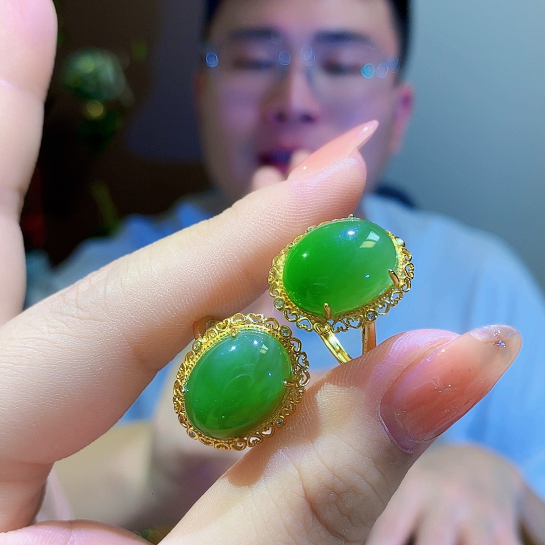 银S925镀金镶嵌戒指和田玉（碧玉）多样性发其一