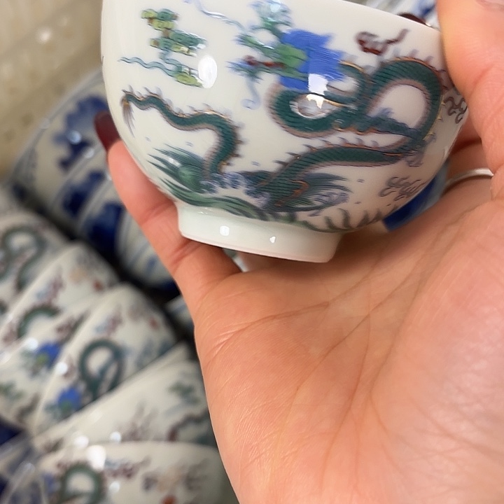 摆件陶五彩龙鸡心杯