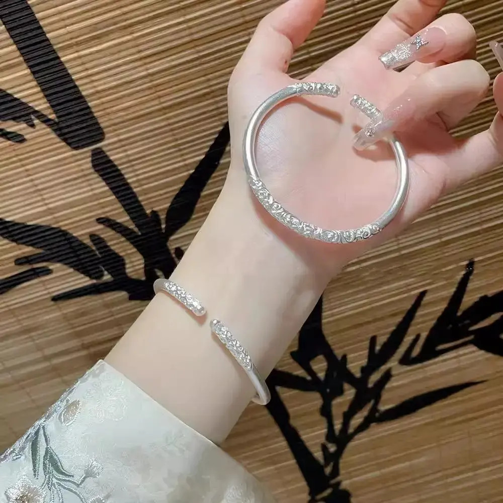 足银手镯 卷草纹足银999新中式纯银手镯女古法开口情人节送女朋友