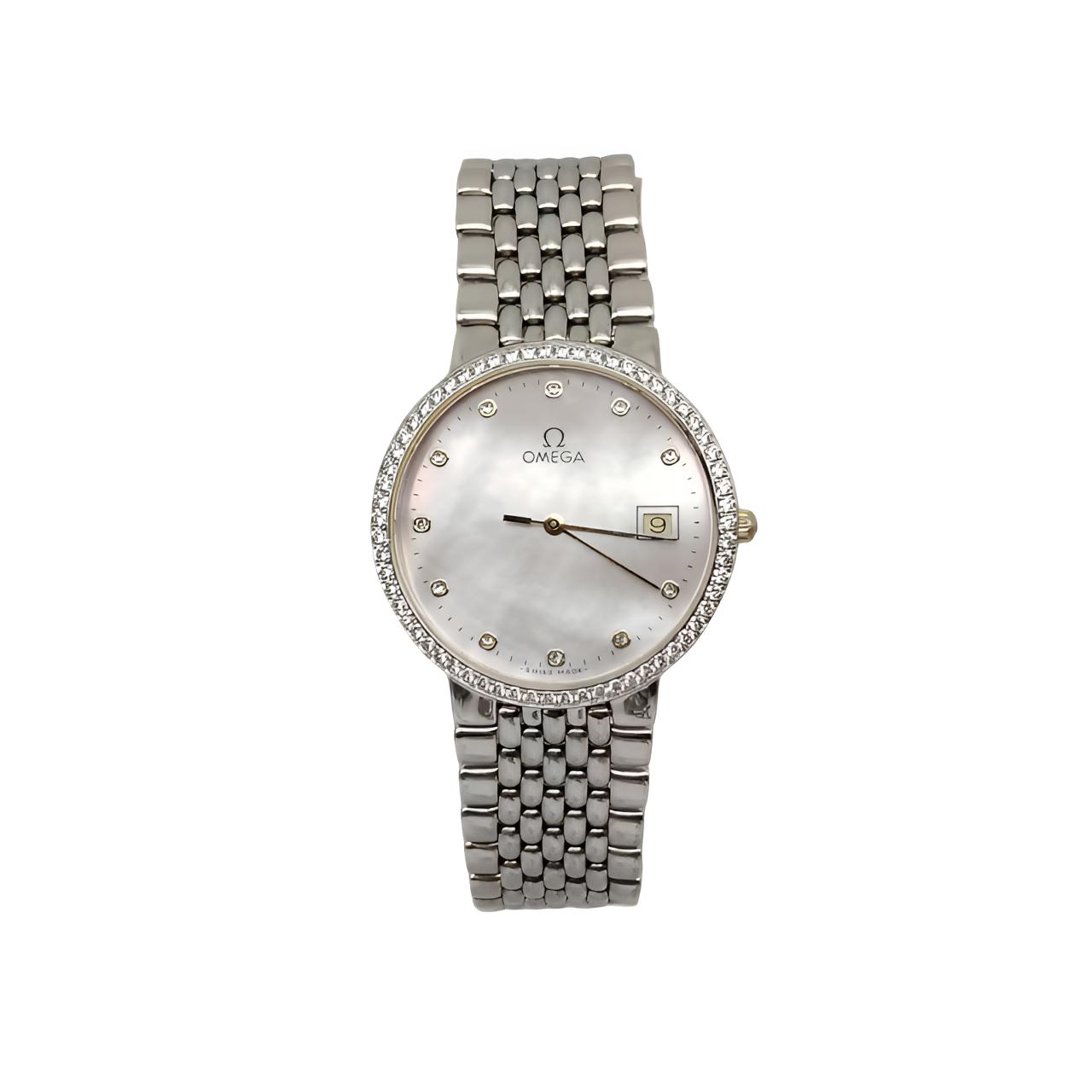 95新 Omega/欧米茄 欧米茄碟飞系列粉贝母石英表/表径32.5后钻