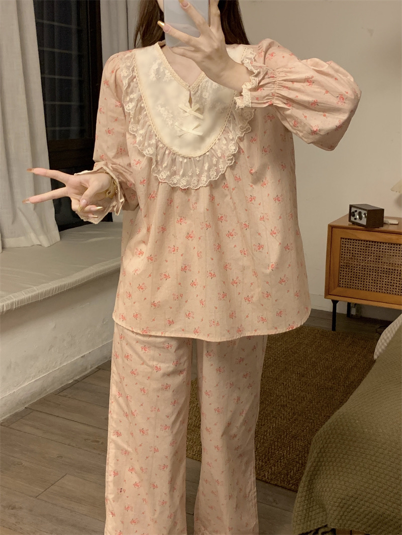 复古宫廷风甜美少女碎花蕾丝边睡衣女2025家居服套装