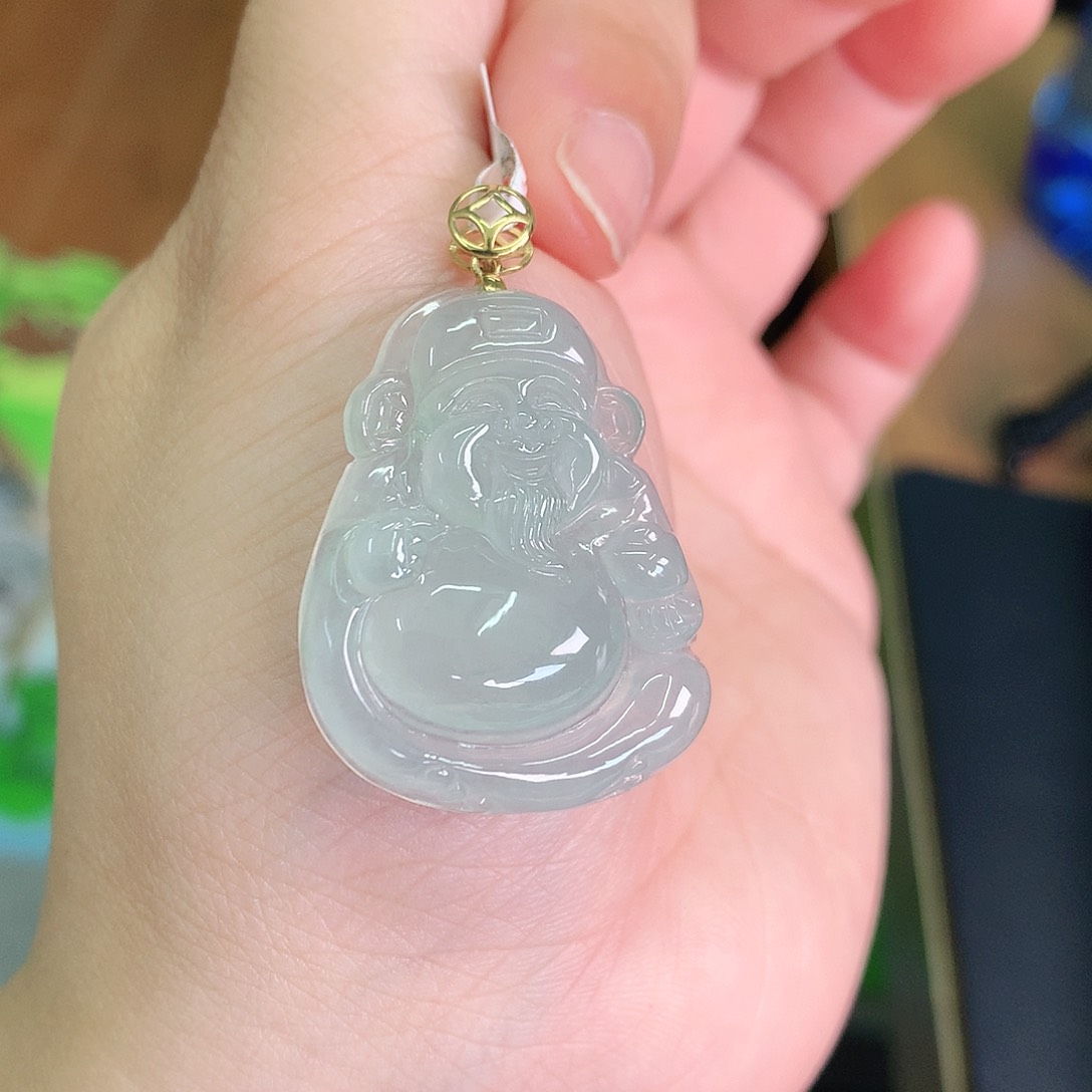 翡翠颈饰18K金镶嵌冰晴财神爷