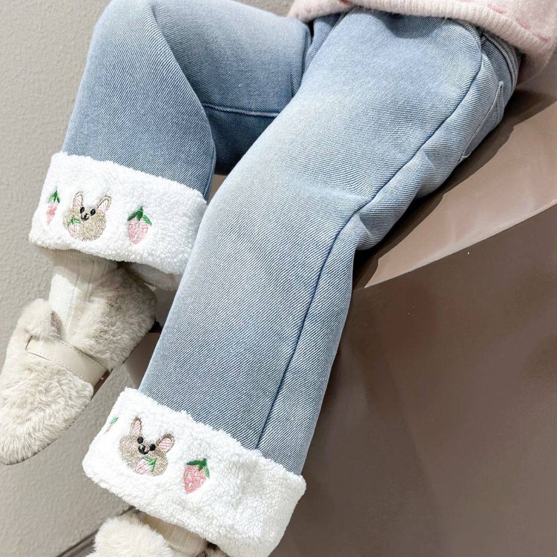 女童加绒直筒牛仔裤冬装2025款儿童一体绒运动裤子宝宝百搭阔腿裤