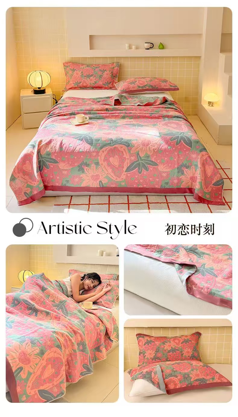 草莓枕巾]52*78纱布枕巾一对装透气吸汗亲肤四季通用