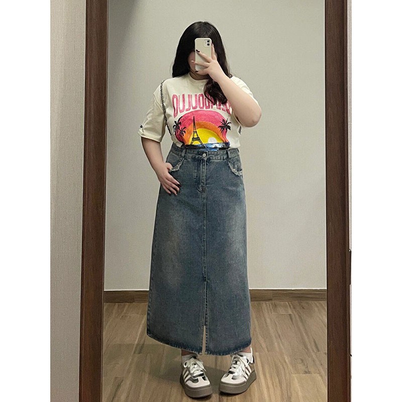 300斤大码女装复古开叉牛仔半身裙女夏季新款胖mm遮肚显瘦a字裙子