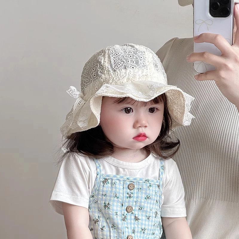 新款蕾丝宝宝帽子春夏款渔夫帽可爱韩版蕾丝花边公主帽婴幼儿遮阳