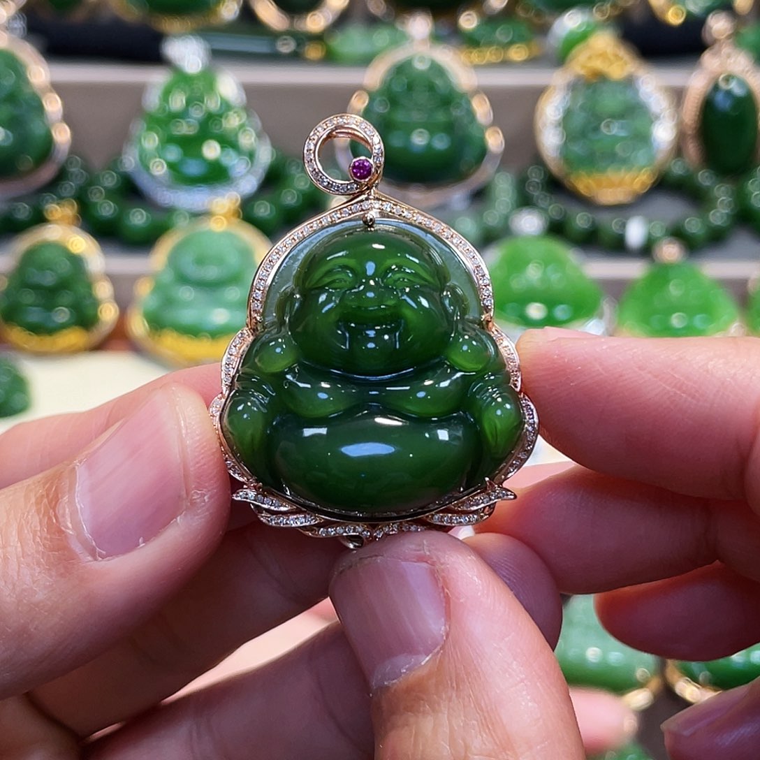 和田玉（碧玉）颈饰18K金镶嵌刘****喵佛公30mm