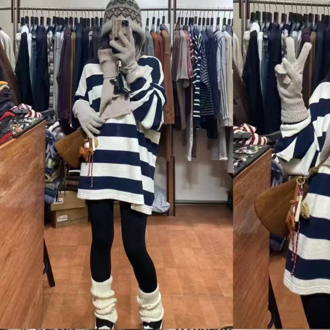 冬款韩版圆领慵懒百搭休闲条纹套头卫衣女装