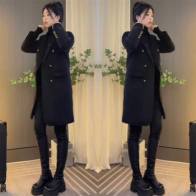 新款中长款秋冬时尚加棉加厚半开领大码毛呢外套