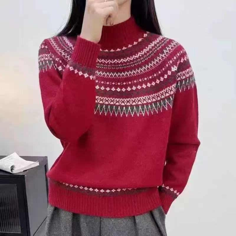 红色费尔岛~亲肤百搭 ’‘暖软糯 ‘’ 复古加厚半高领毛衣A702