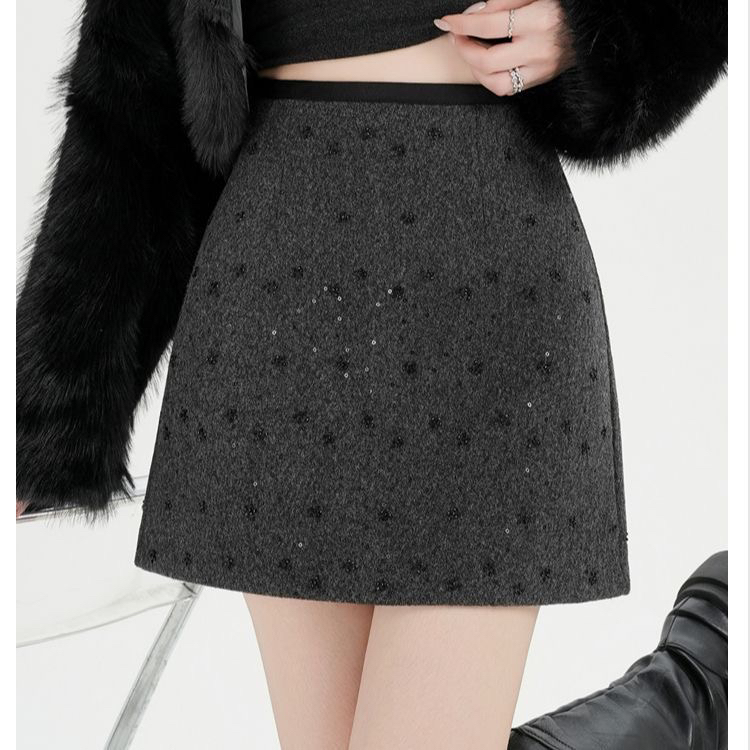 【重工亮片串珠】秋冬新款复古重工亮片串珠毛呢高腰显瘦A字半身裙