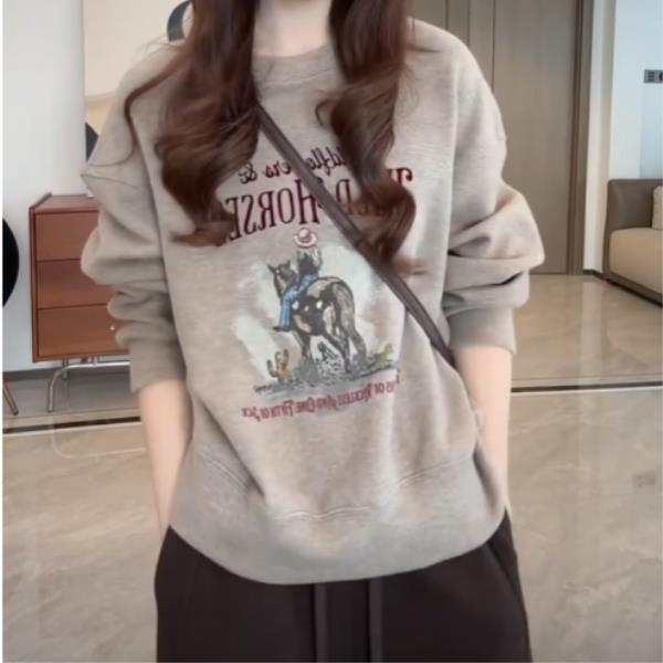 美式复古别致宽松圆领印花卫衣9167