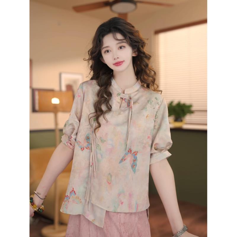 余紫绮【墨染】新中式蝴蝶印花短袖衬衫女宽松休闲上衣ZS1113417