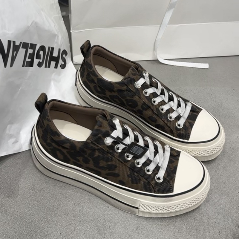 诗歌兰豹纹帆布鞋女2025年新款真皮厚底增高运动休闲板鞋0203-10