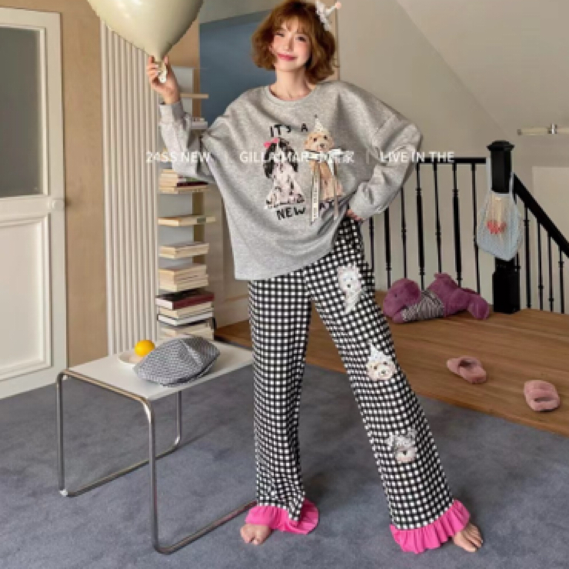 小熊家新款女秋长袖格子卡通小狗休闲宽松长袖长裤家居服套装