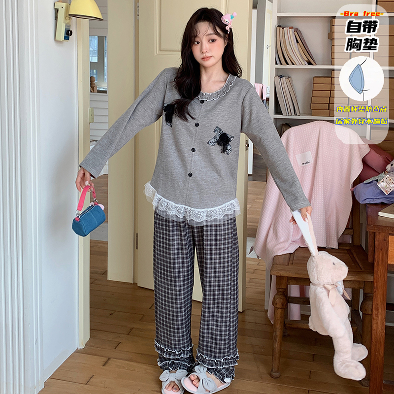 蝴蝶时尚舒适睡衣长袖长裤带胸垫女孩家居服套装秋冬季新款可外穿
