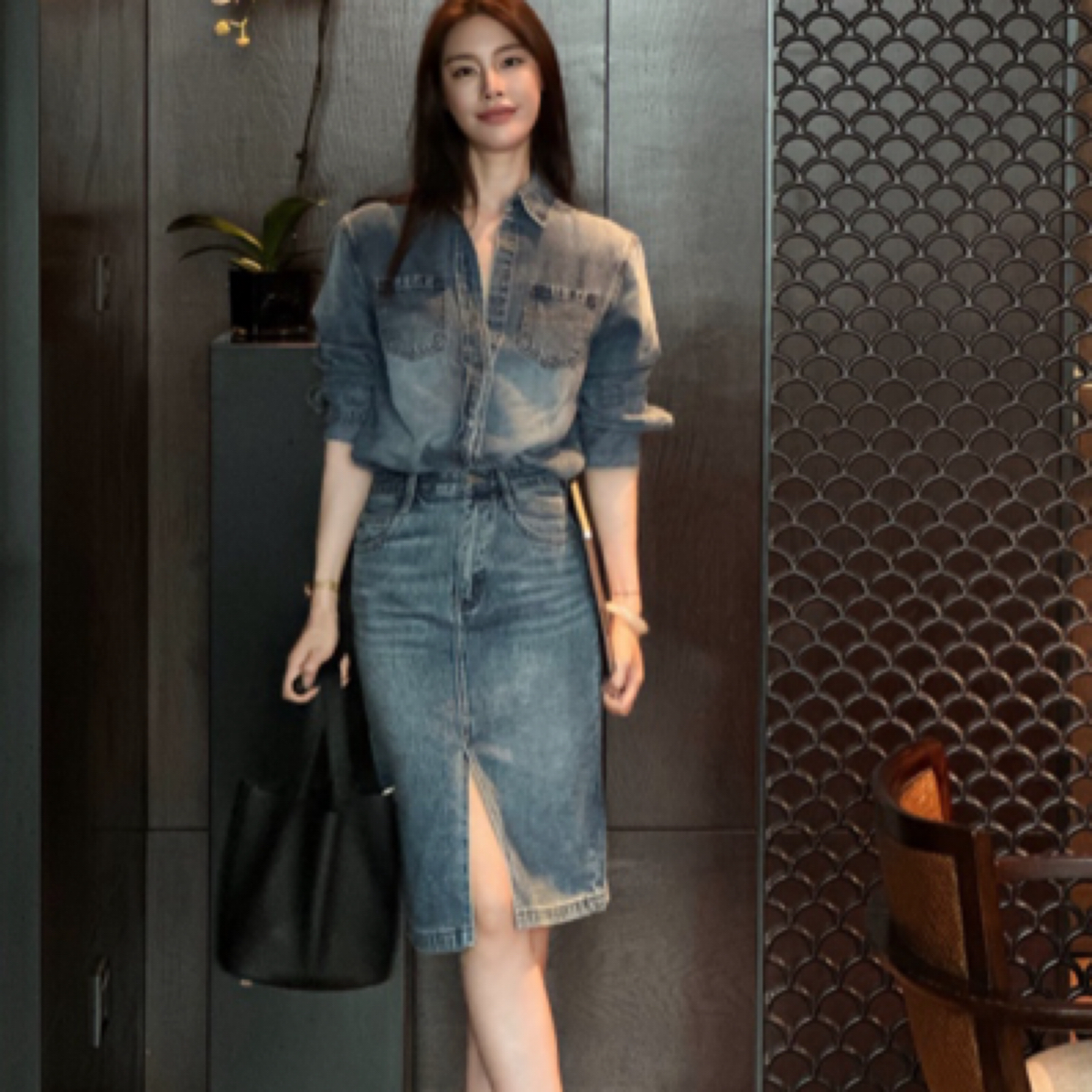 muli沐里早秋气质显瘦牛仔衬衣半身裙套装