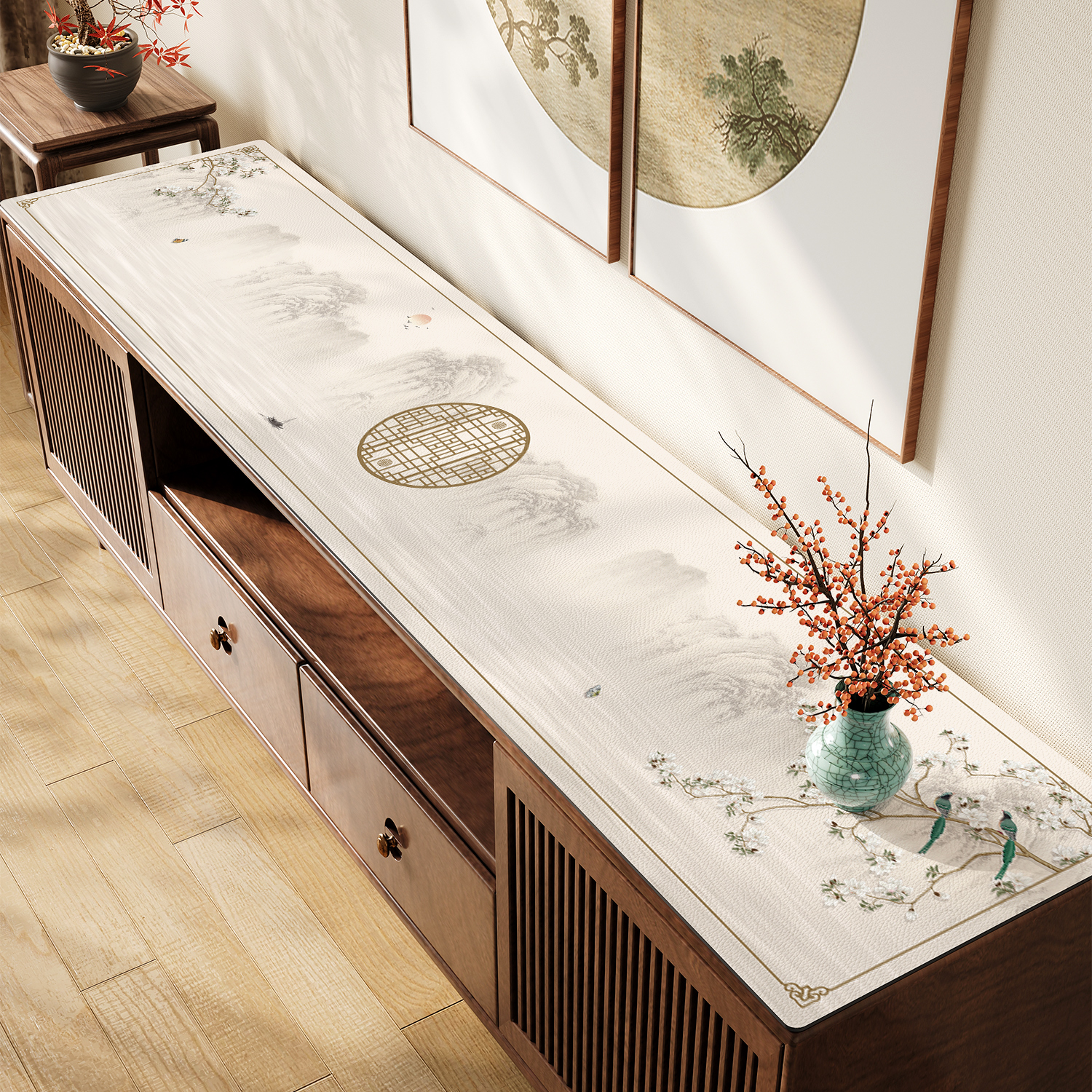 新中式国风电视柜桌垫长条盖布轻奢高级感鞋柜餐边柜台面保护垫子