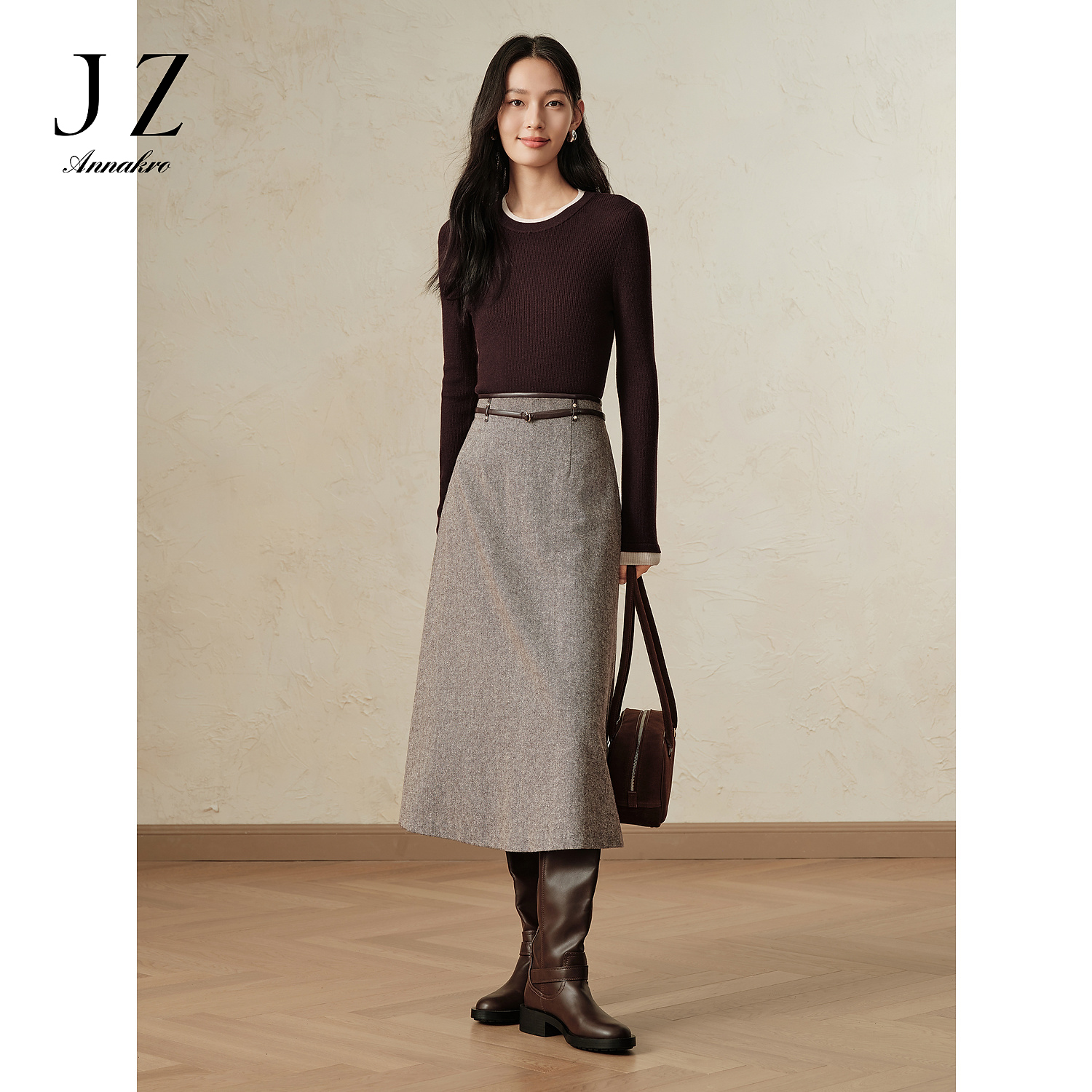 【安雅专属】玖姿安娜蔻JTED20017花纱羊毛A字腰带伞裙半身裙女
