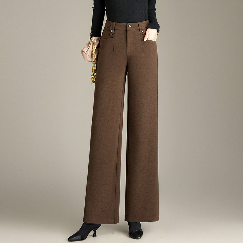 高腰秋冬休闲裤棕色窄版直筒裤休闲秋季毛呢女裤显瘦针织时尚百搭