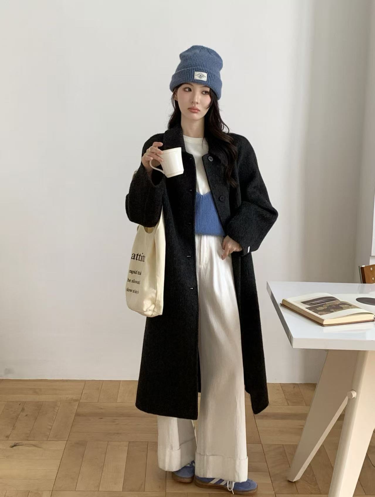 三叔牦牛绒轻奢弯弯口袋手工高定大衣6222-1