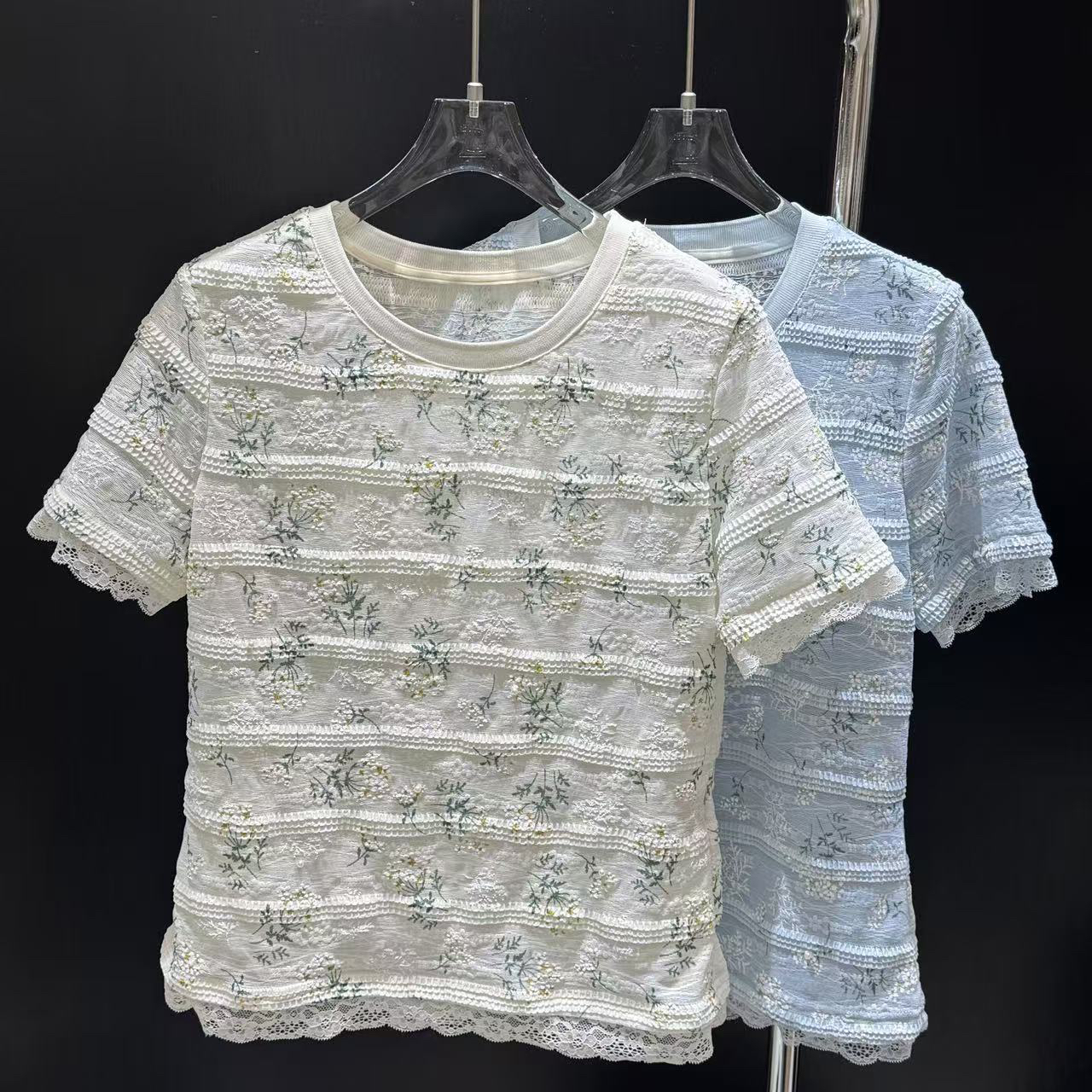 红姐严选圆领清新碎花蕾丝边拼接小衫31564