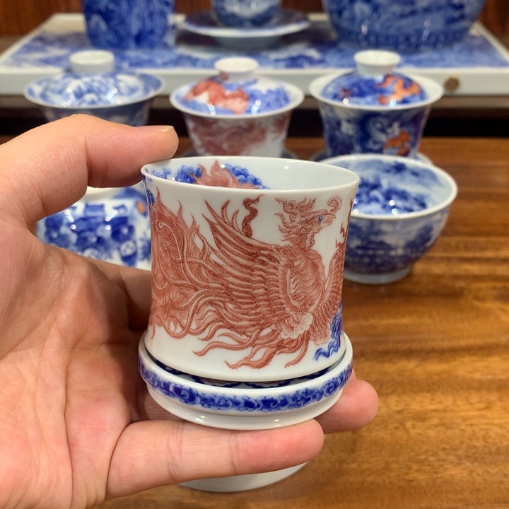 自成堂柴窑 釉里红凤转转杯