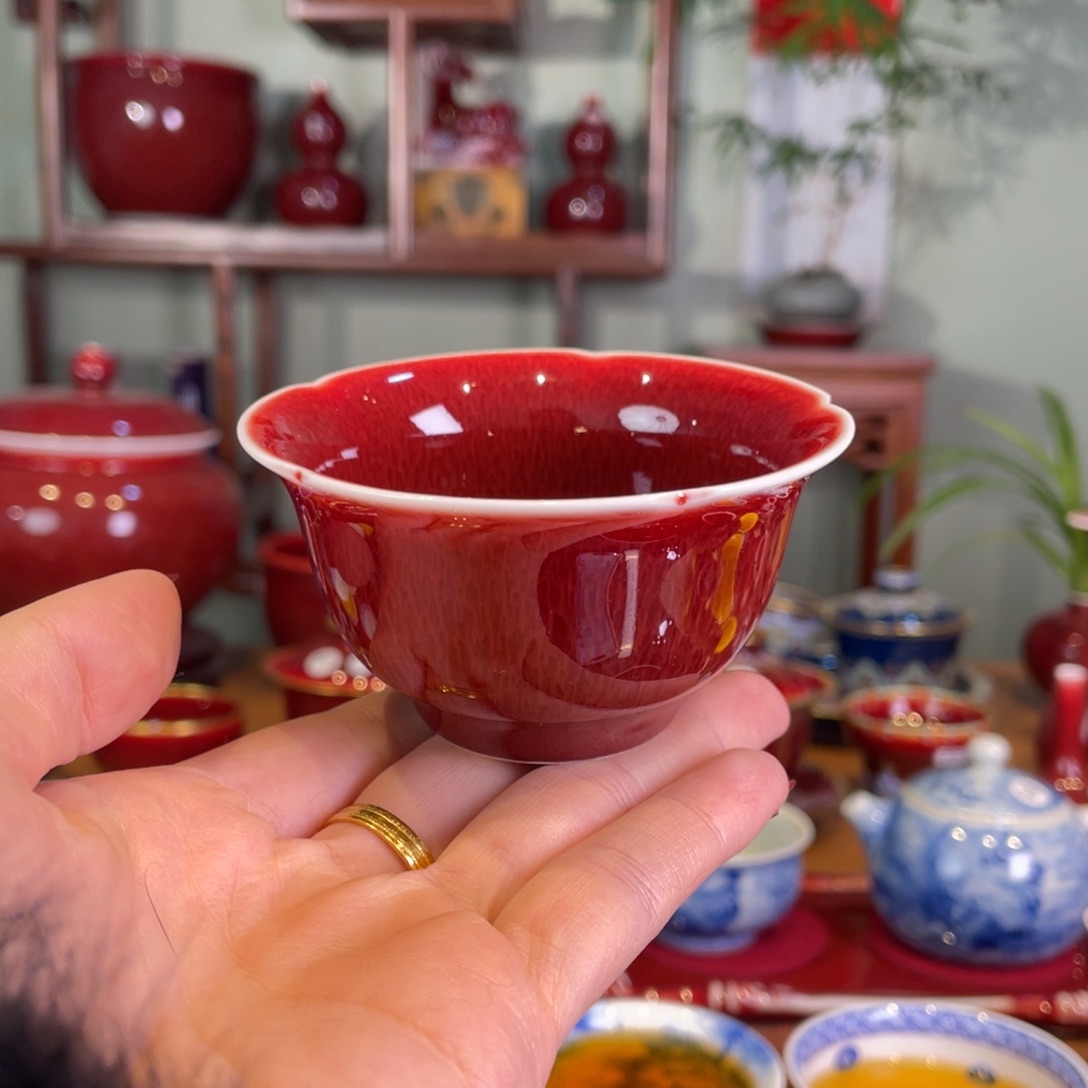 清欢雅玩原矿郎红福利花口杯