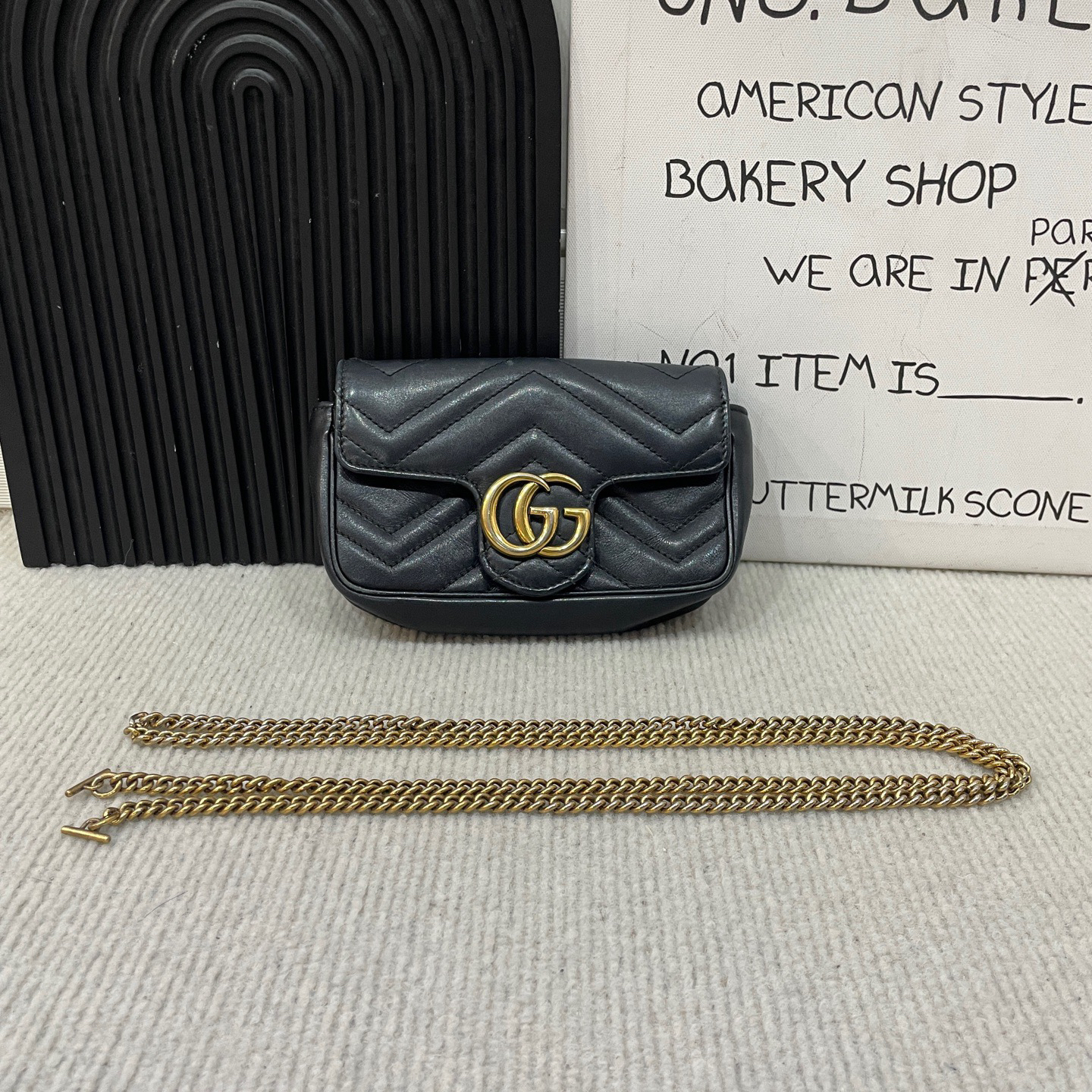 95新 GUCCI/古驰 （一口价）黑金马蒙mini链条包