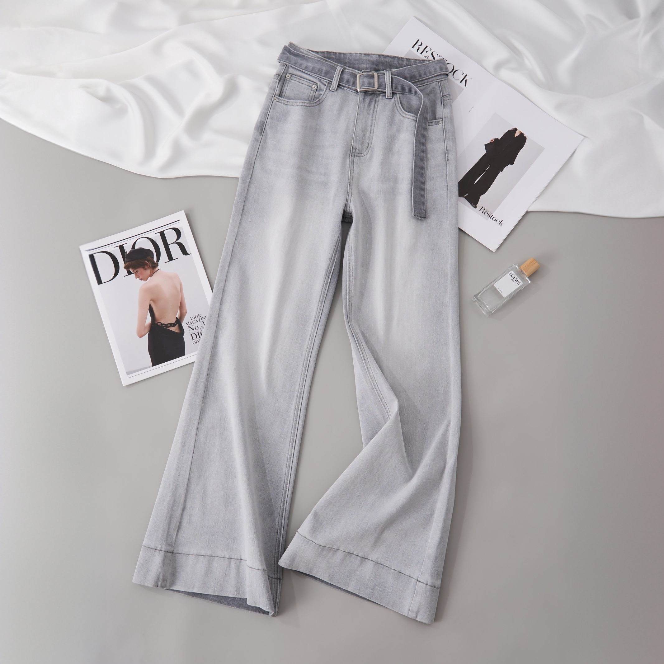 2025新款莫兰迪风高腰轻职春季长裤做旧牛仔裤直筒裤阔腿裤5523