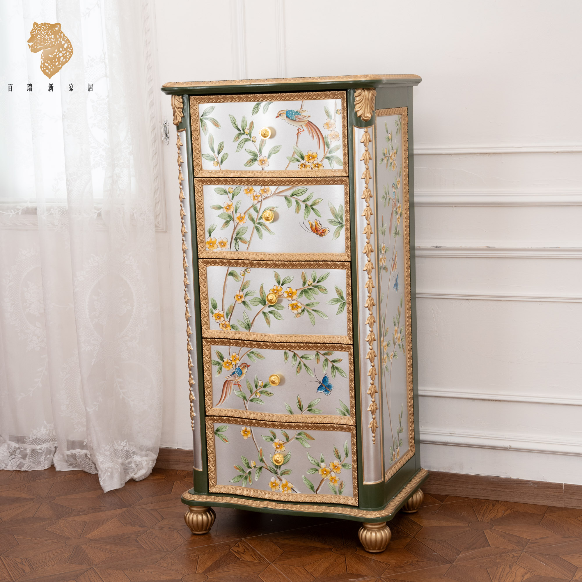 百瑞新法式实木雕花彩绘五斗柜家用卧室储物收纳柜-ZG-BRX1693