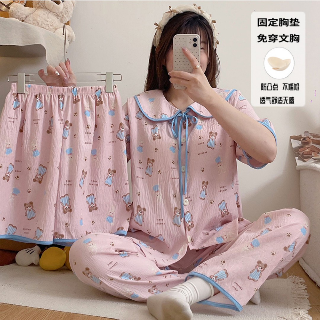 睡衣女款夏季2025新款云朵棉娃娃领减龄可爱粉小熊带胸垫家居服装