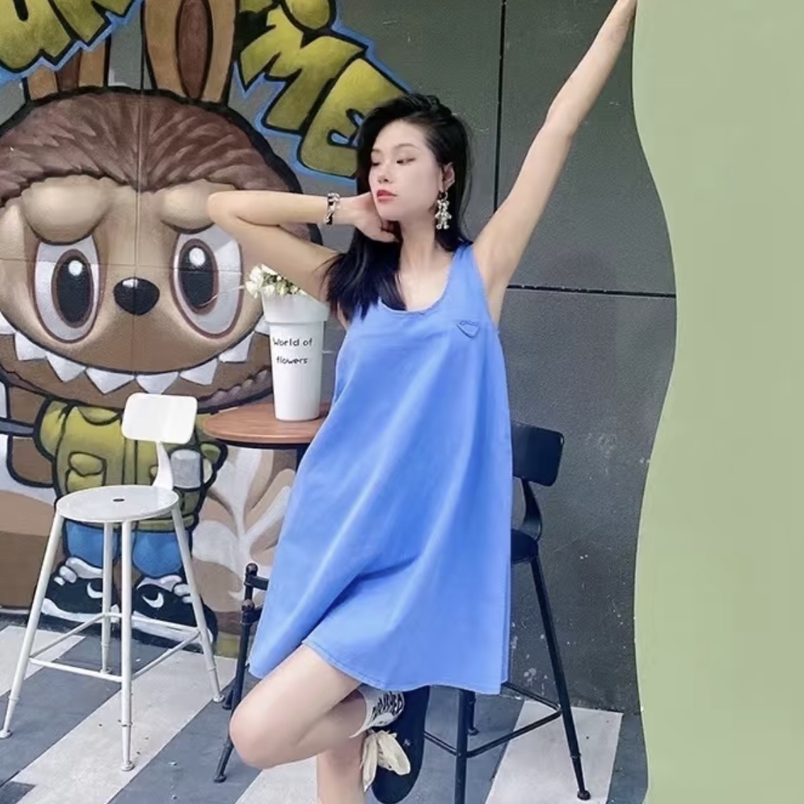 全新未使用 Prada/普拉达 积分-100汤/P215359540/logo牛仔连衣裙