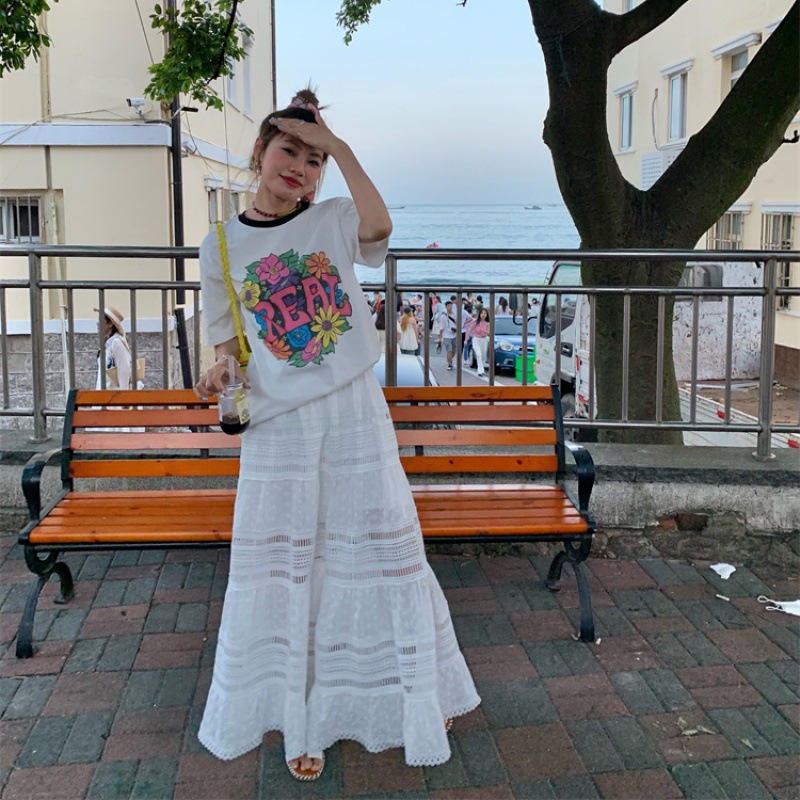 法式白色蕾丝蛋糕半身裙女春夏季中长款设计感镂空百~66226