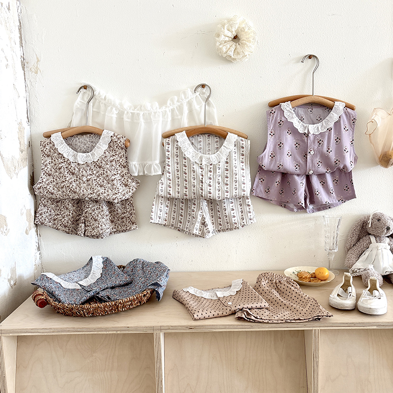 【多鱼】清仓山东25夏新款人造棉棉绸仿亚麻两件宝宝无袖上衣中裤