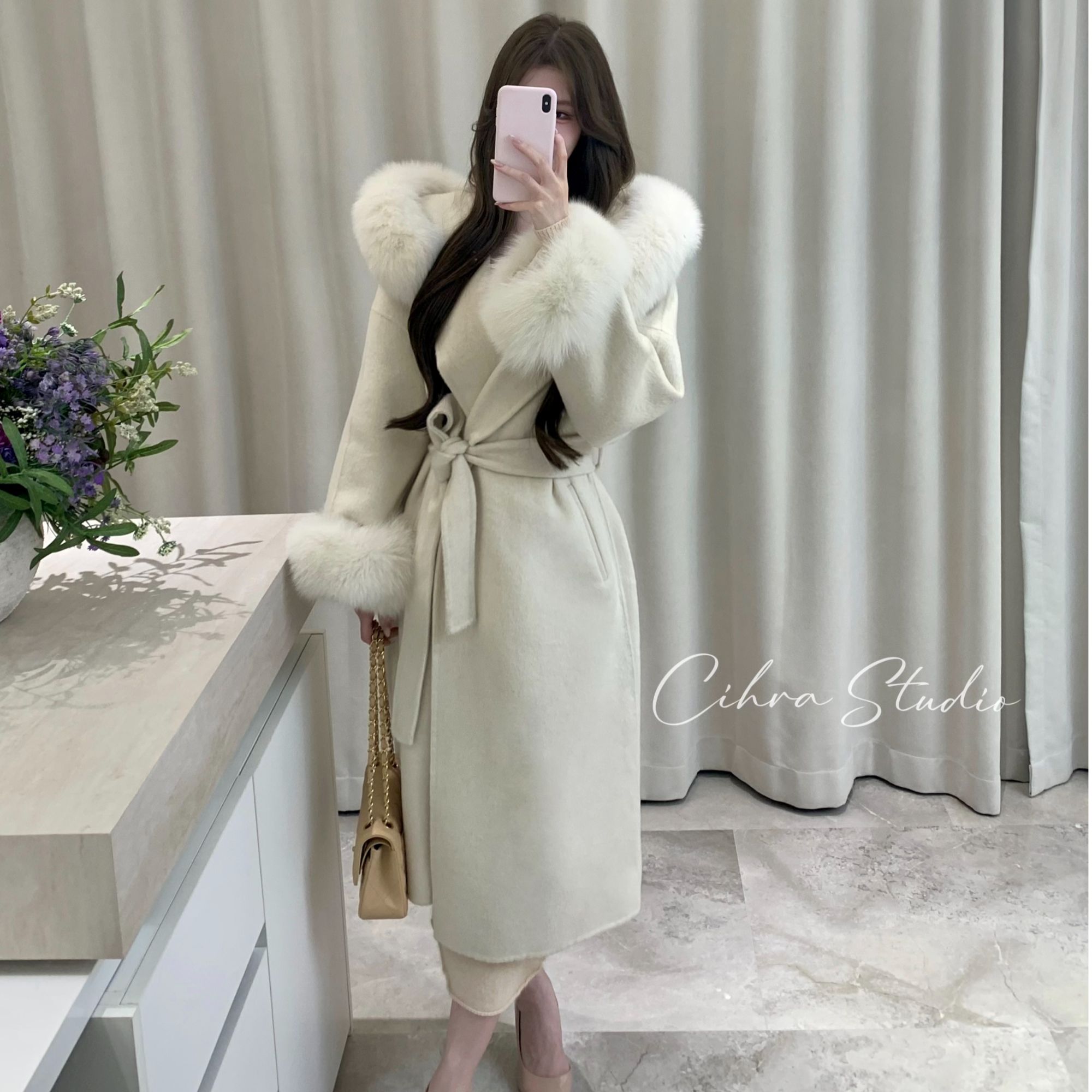 Cihra【自觉矜贵】羊毛狐狸毛领连帽可拆卸系带大衣外套