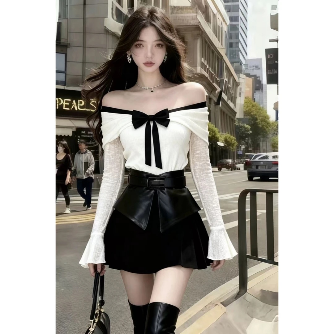 新款高级感优雅米白色一字肩露肩长袖上衣+黑色百搭半身裙两件套