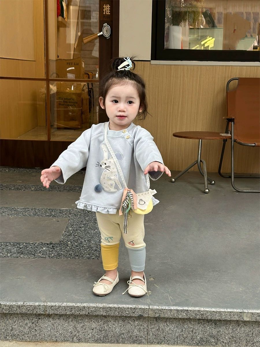 女童秋季套装2025新款韩版女宝宝洋气卡通上衣打底裤两件套外出服