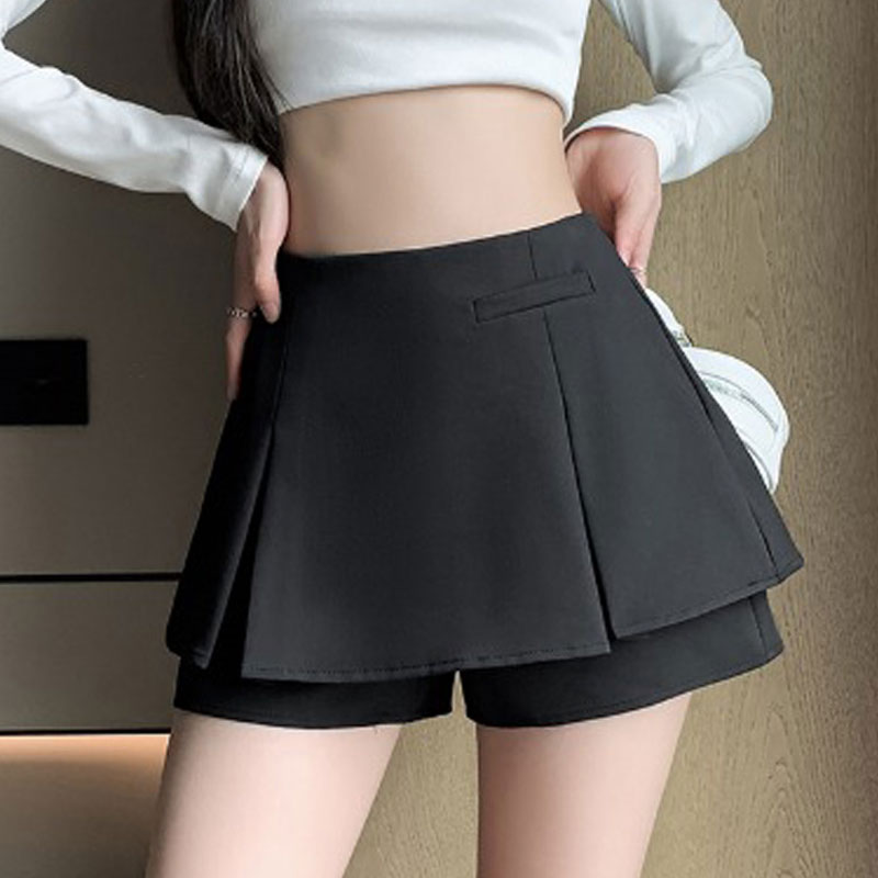 美式西装大码百褶裙胖MM假两件阔腿半身裙裙裤防走光短裙马面裙