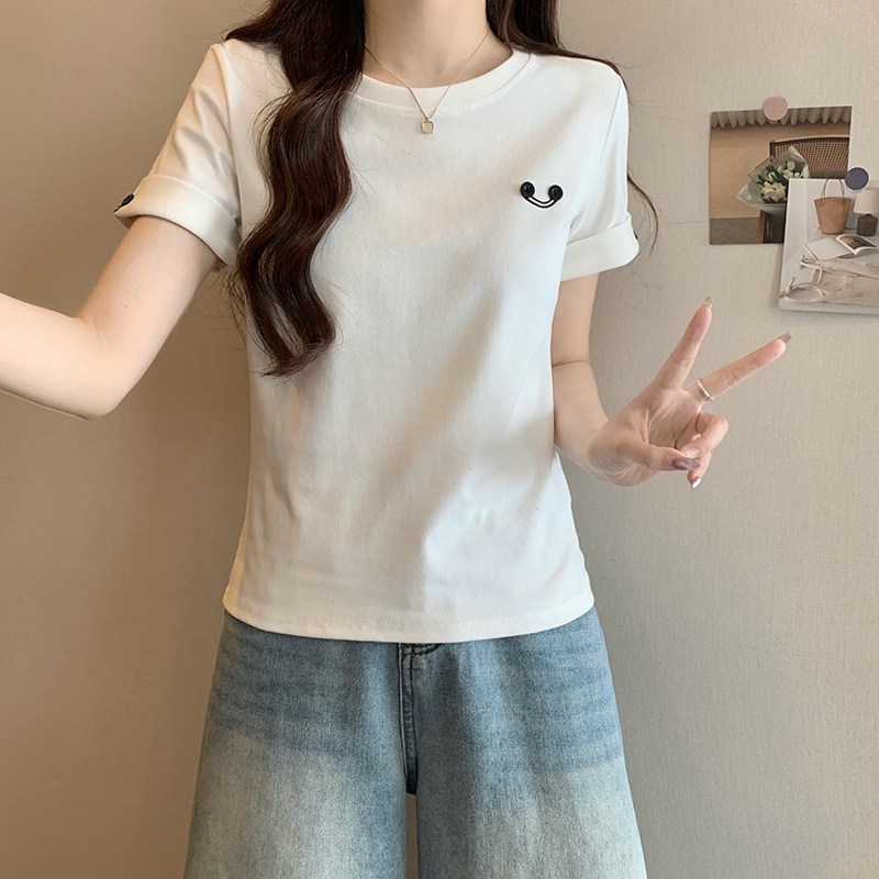 趣味减龄笑脸纽扣短袖t恤女夏季2025新款宽松正肩半袖上衣服