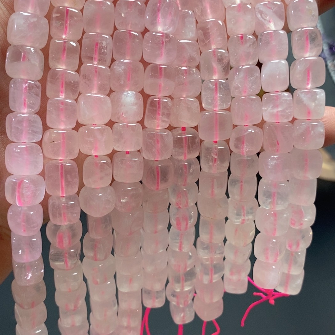 足银镀金镶嵌玛瑙/玉髓珠宝半成品天然粉水晶方糖一条卡10mm