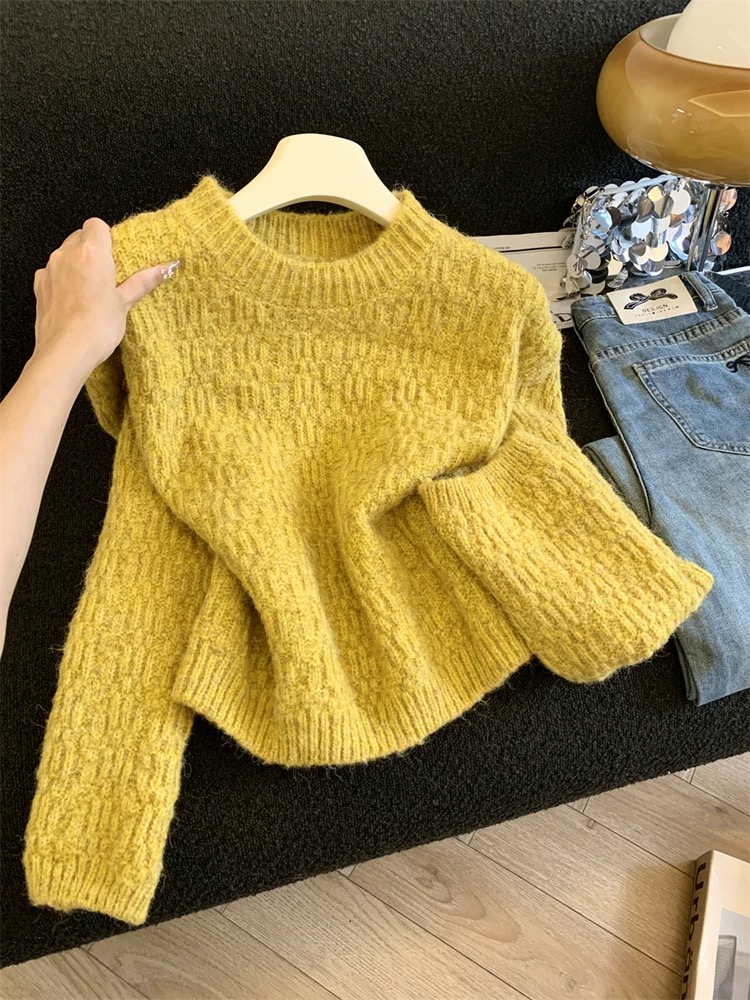 美拉德甜美风黄色加厚软糯套头长袖针织毛衣女