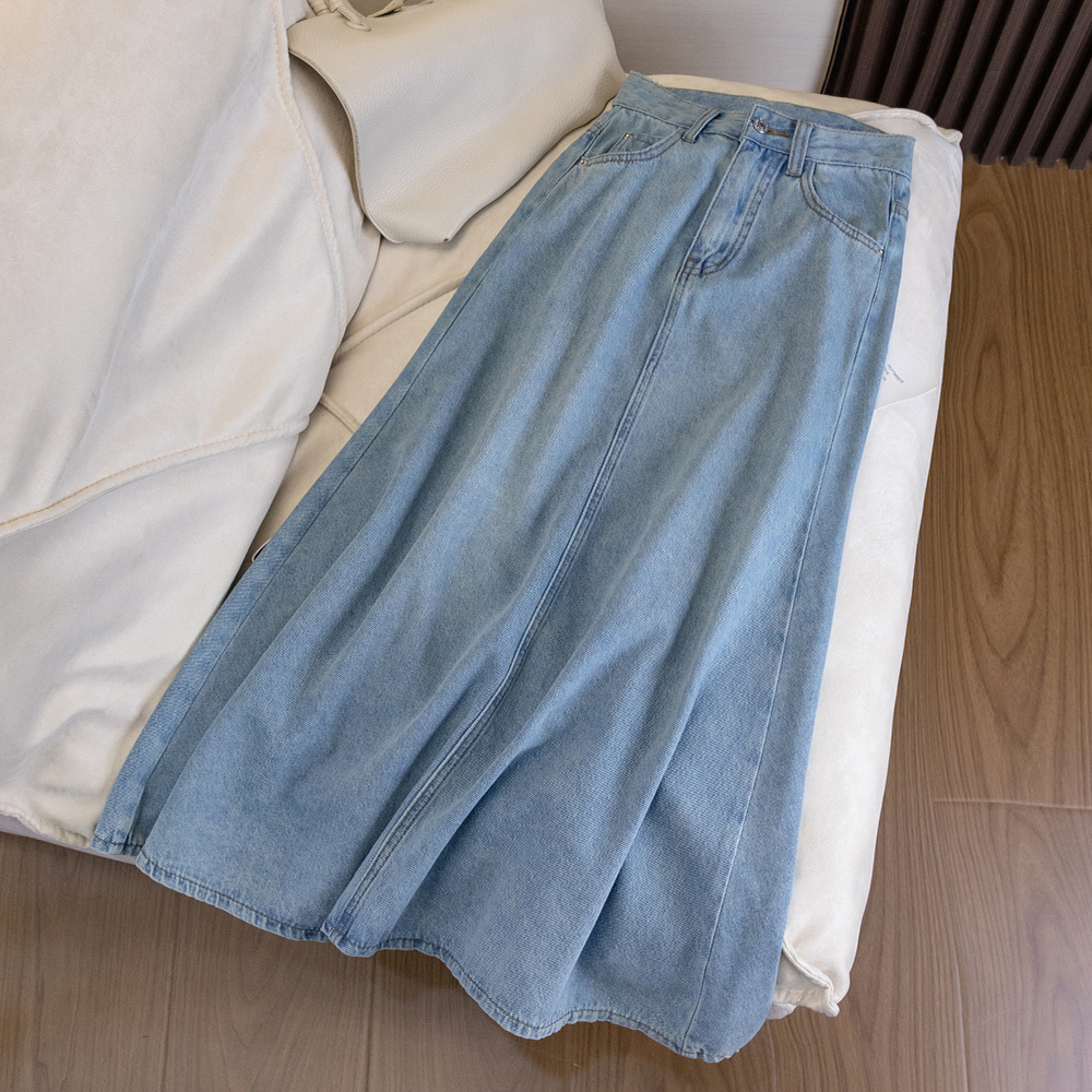 091高腰牛仔半身裙女春秋2025新款复古宽松百褶裙a字中长款半裙子