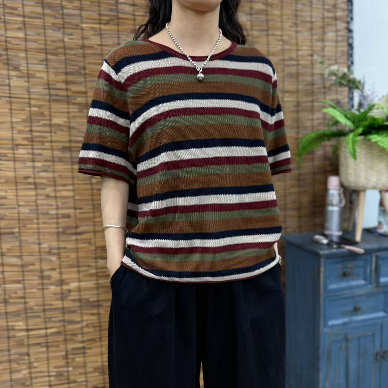 9684新款夏季时尚气质条纹针织短袖T恤