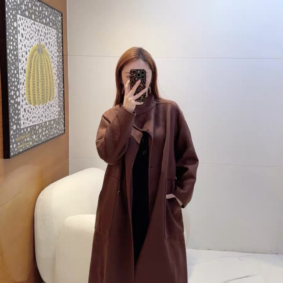 99新 Hermes/爱马仕 D500056/酒红色立领长款大衣/36码