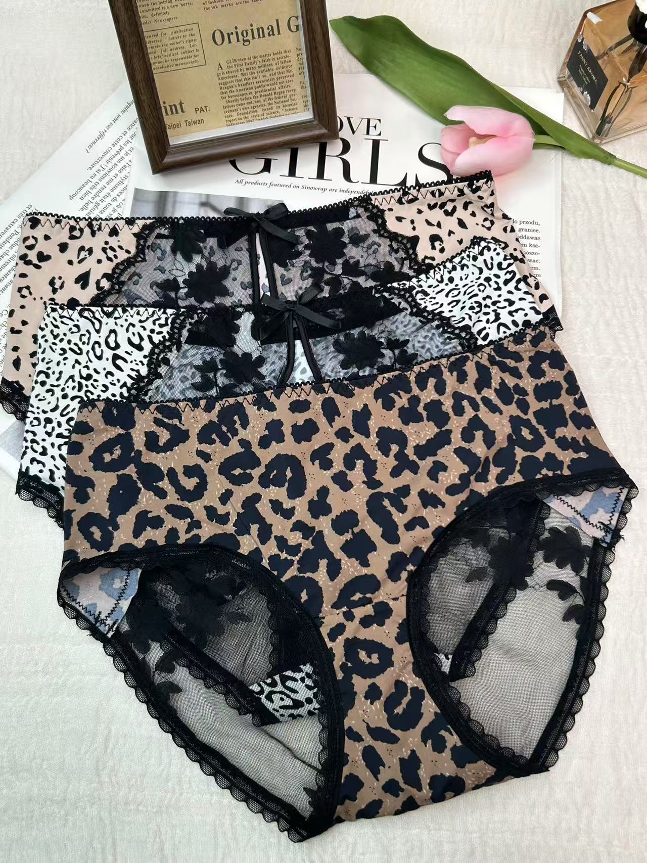 【冰丝豹纹内裤】性感火辣镂空提花蕾丝网纱三角裤