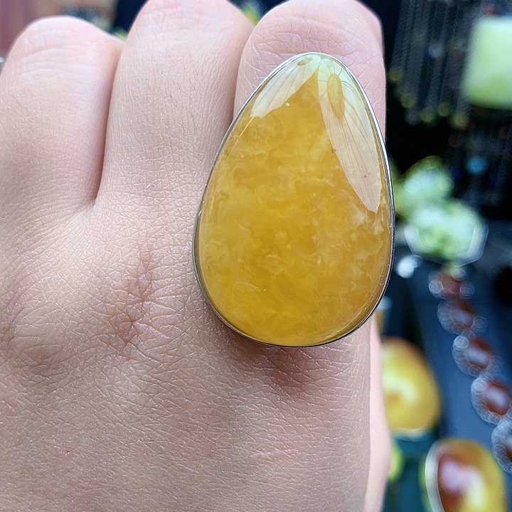 琥珀裸石银S925镶嵌戒指