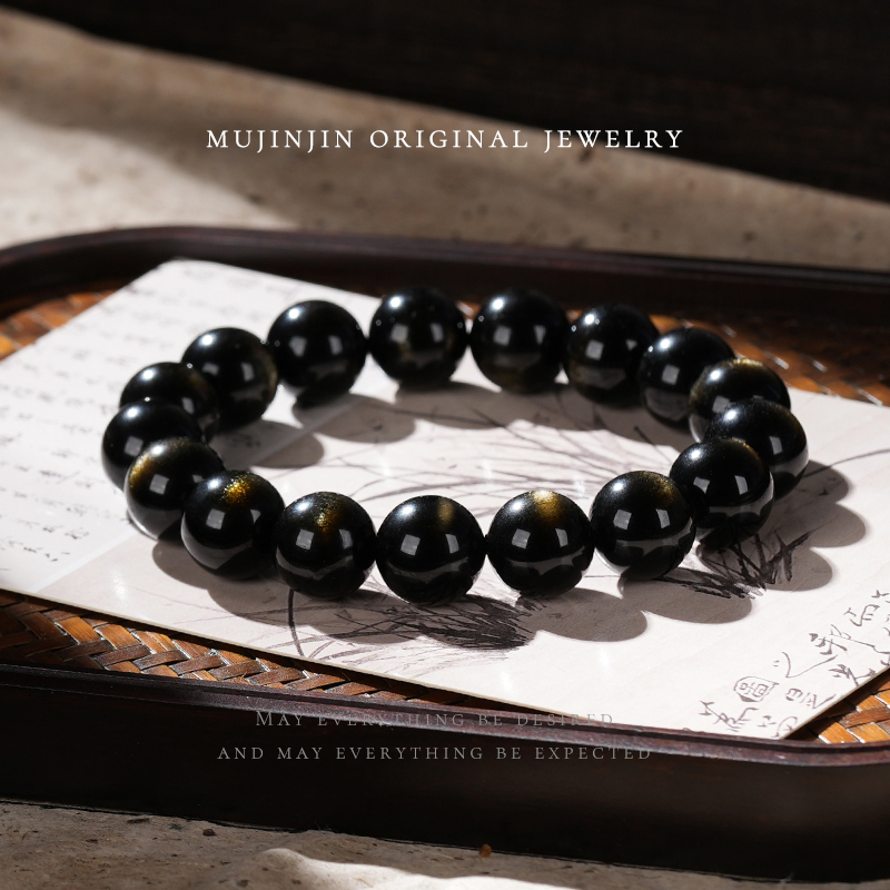 天然黑曜石手链原创单圈12mm+——YW1140女款百搭女士情侣