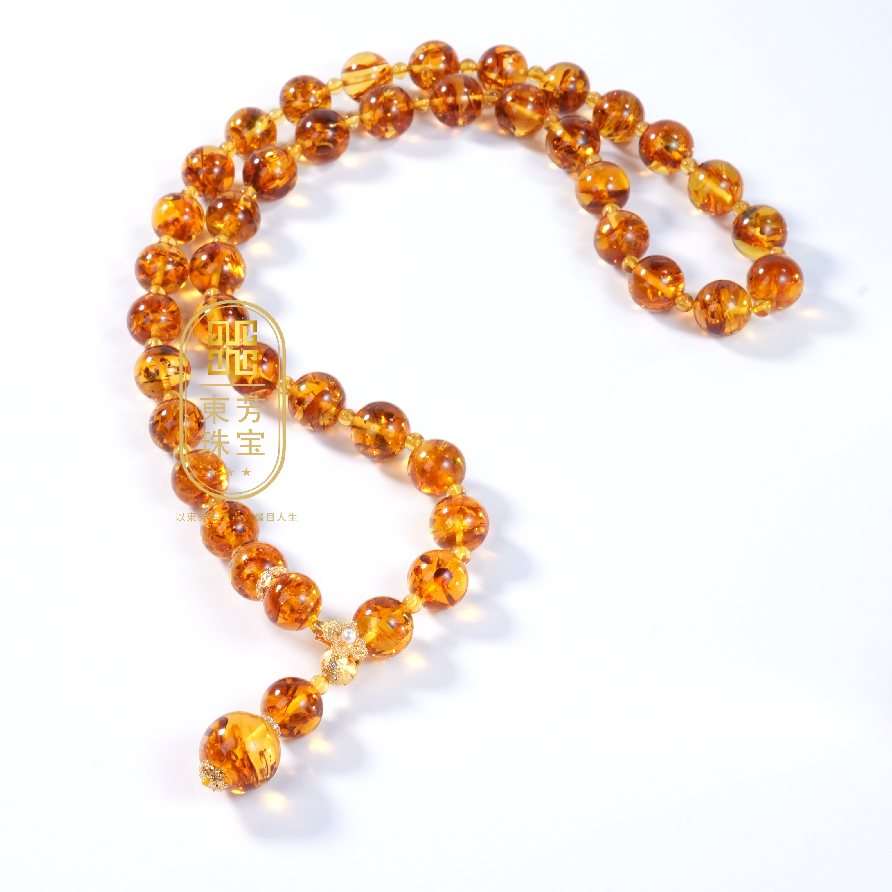 東芳珠宝-11mm俄罗斯天然花珀项链Y字链琥珀项链时尚百搭气质