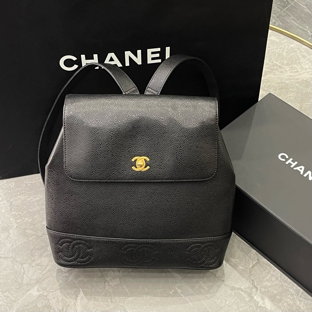 95新 Chanel/香奈儿 黑金双肩包双肩背香奈儿中古中号书包背包
